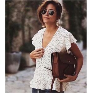 Rails Blouse‎ White Bretton Black Heart Top Button Up Drawstring Waist Size L